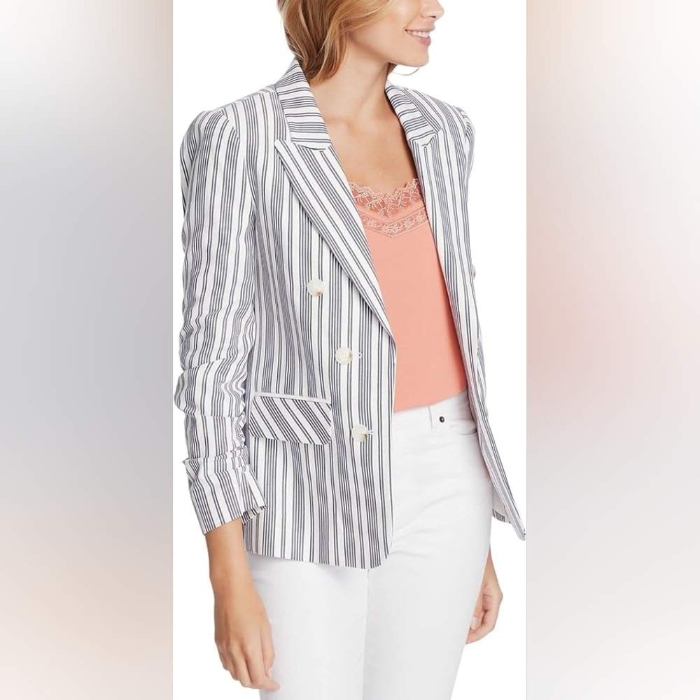 1. STATE | Women's Cotton Coastal Preppy Office Blue White Striped Blazer | 2X‎
